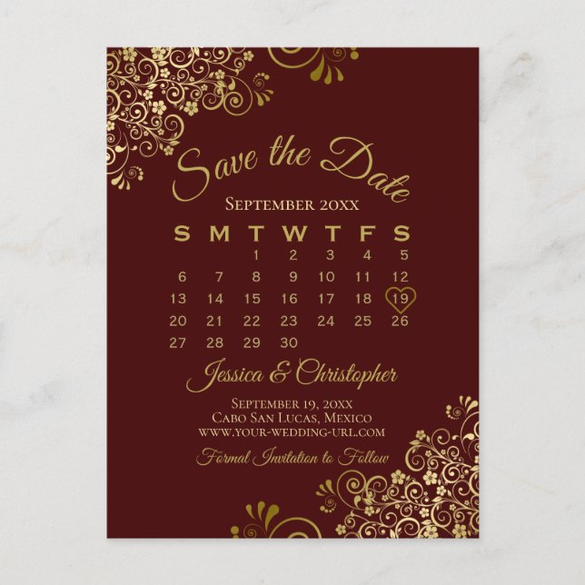Carte Postale Faire-part Auburn Brown Gold Wedding Enregistrer le calendrie (Devant)