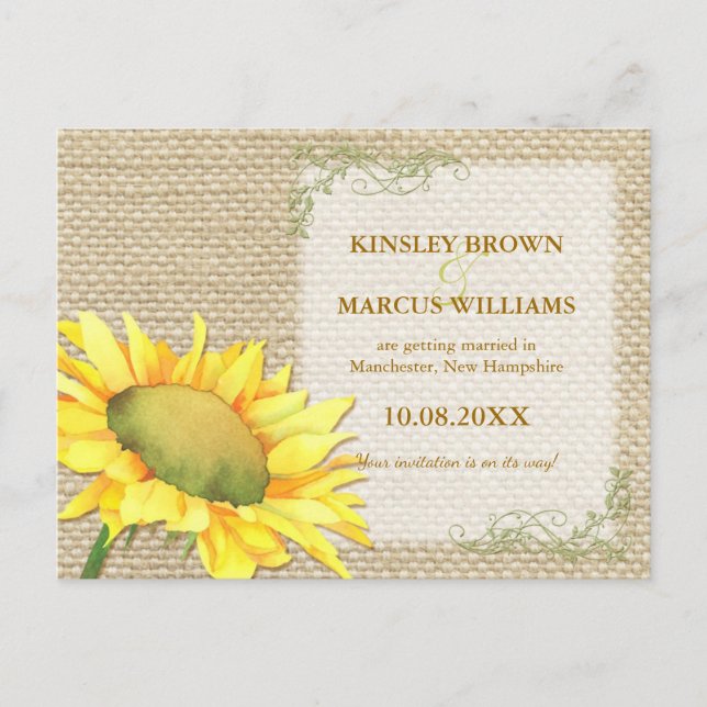 Carte Postale Faire-part Automne Sunflower Rustique Burlap Mariage Enregist (Devant)