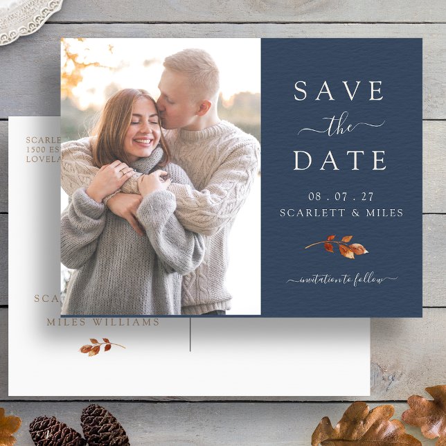 Carte Postale Faire-part Automne Terracotta Feuille Photo Enregistrer La Da (Navy Blue Fall Terracotta Leaves Photo Save The Date Announcement Postcard by Painted Paperie
)