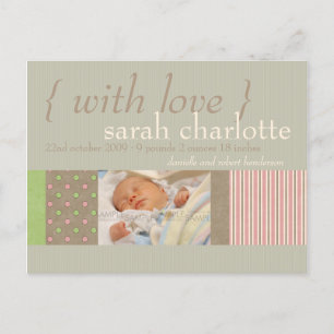 Carte Postale Faire-part Avec amour gris/rose • Annonce de naissance de béb