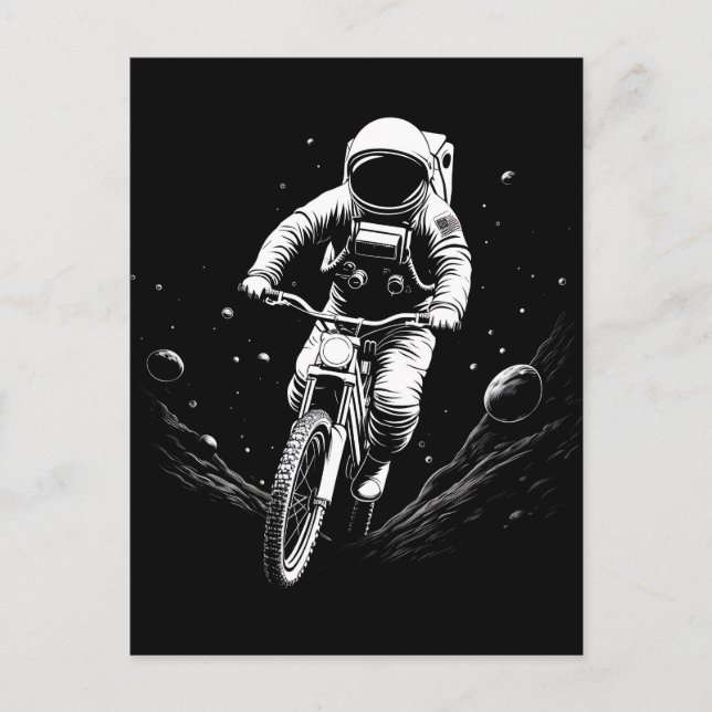 Carte Postale Faire-part Aventure spatiale de vélo astronaute cosmique (Devant)