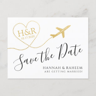 Carte Postale Faire-part Avion avec Coeur Destination Mariage Date de sauve