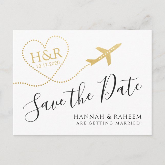 Carte Postale Faire-part Avion avec Coeur Destination Mariage Date de sauve (Devant)