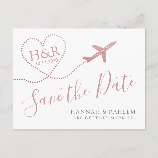 Carte Postale Faire-part Avion Coeur rose Destination Mariage Date de sauve (Devant)