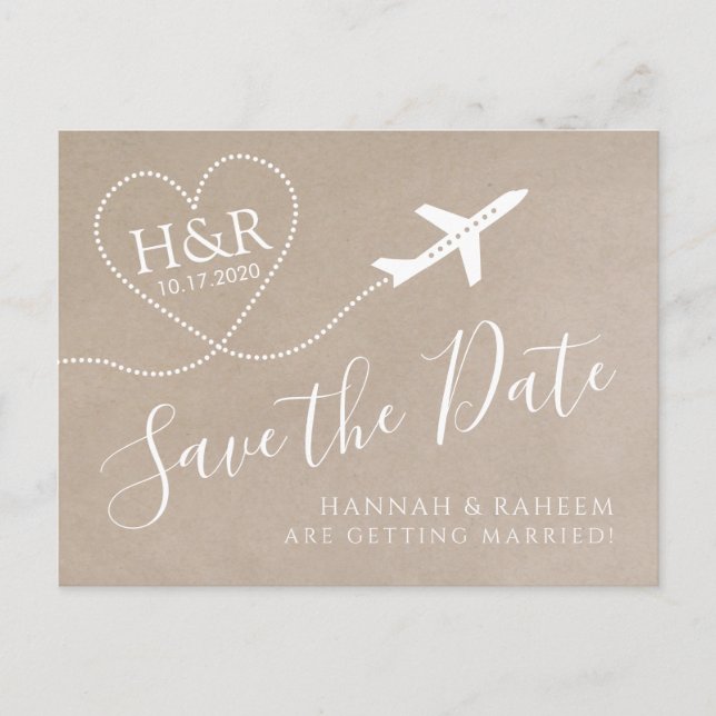 Carte Postale Faire-part Avion Monogram Kraft Destination Date de mariage (Devant)