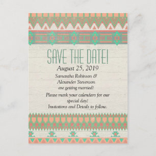 Carte Postale Faire-part Aztec Native Pastel Peach/Aqua Enregistrer la date