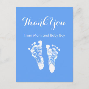 Carte Postale Faire-part Baby Boy Merci mignon bleu Nouveau-né empreintes