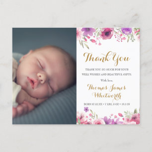 Carte Postale Faire-part Baby Boy Script Merci Photo Floral Birth Annou