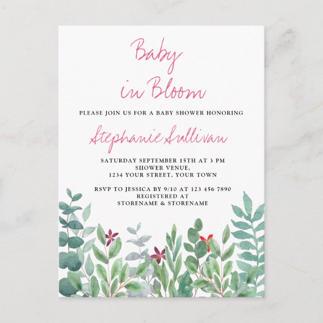 Carte Postale Faire-part Baby in Bloom Baby Shower Eucalyptus et verdure  (Devant)