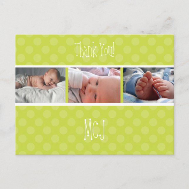 Carte Postale Faire-part Baby monogram merci, pois (Devant)