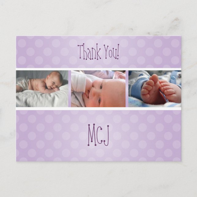 Carte Postale Faire-part Baby monogram merci, pois (Devant)