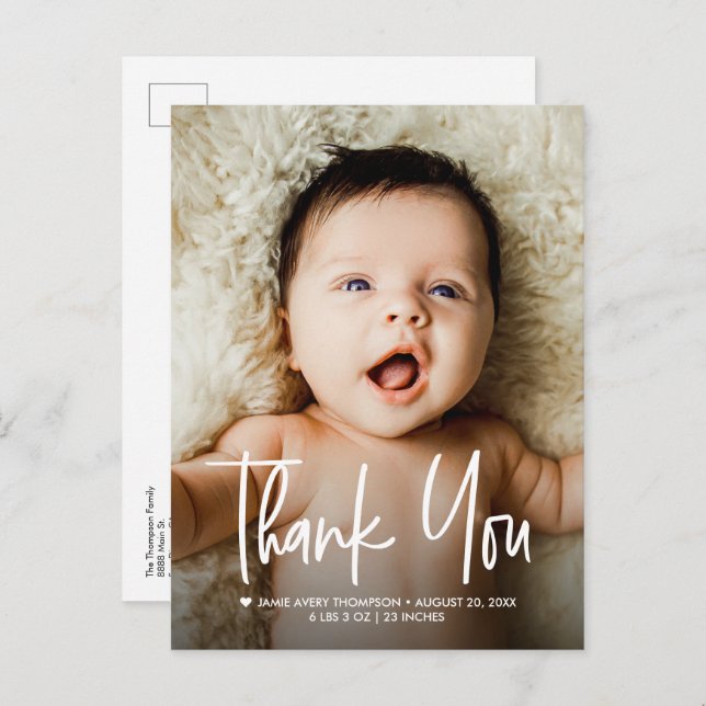Carte Postale Faire-part Baby Photo Thank you Modern Design Birth (Devant / Derrière)