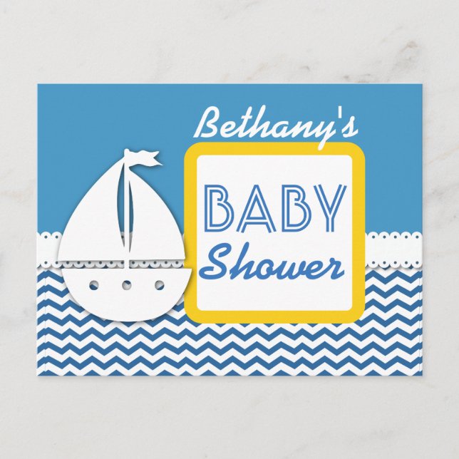 Carte Postale Faire-part Baby Shower Chevrons Bleus et Voilier pour Garçon  (Devant)