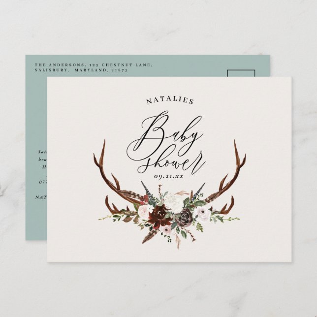 Carte Postale Faire-part Baby shower de cerf en script botanique rustique (Devant / Derrière)