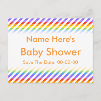 Carte Postale Faire-part Baby shower. Des rayures aux couleurs arc-en-ciel.