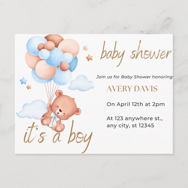 Carte Postale Faire-part baby shower d'invitation, c'est un garçon (Devant)