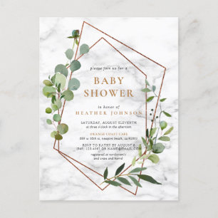 Carte Postale Faire-part Baby shower en marbre Eucalyptus géométrique en cu