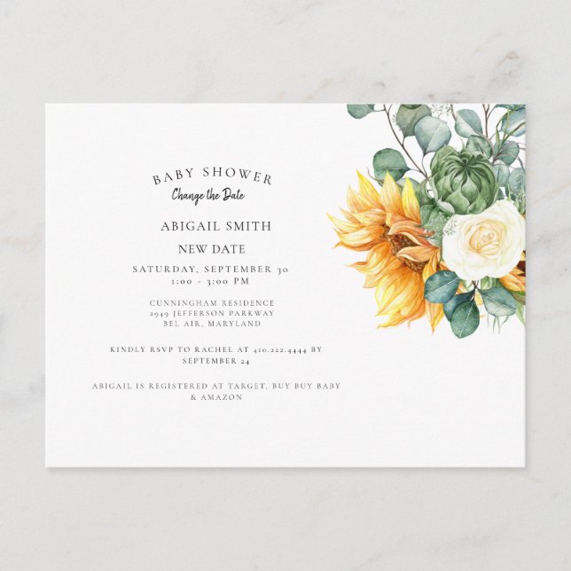 Carte Postale Faire-part Baby shower moderne de tournesol Changer la date A (Devant)