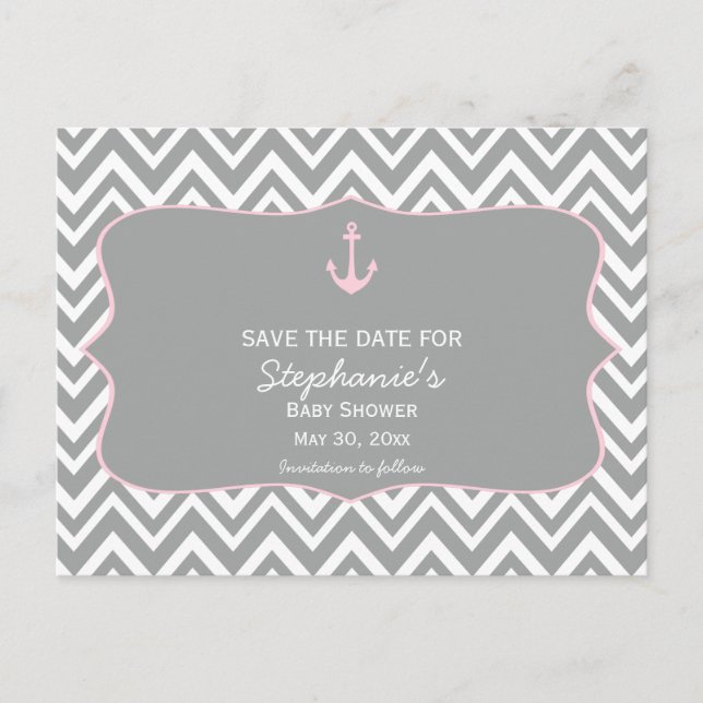 Carte Postale Faire-part Baby shower nautique gris et rose pastel Chevron (Devant)