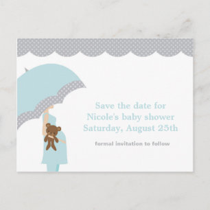 Carte Postale Faire-part Baby shower parapluie bleu Enregistrer la date