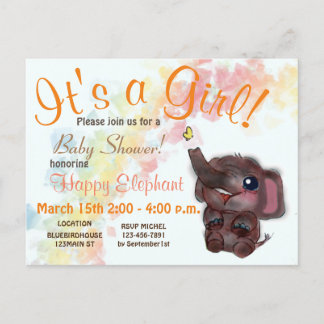 Carte Postale Faire-part Baby shower Rainbow et Elephant Doodle Art Announ