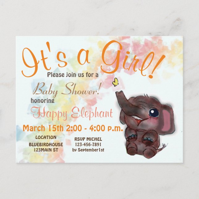 Carte Postale Faire-part Baby shower Rainbow et Elephant Doodle Art Announ (Devant)