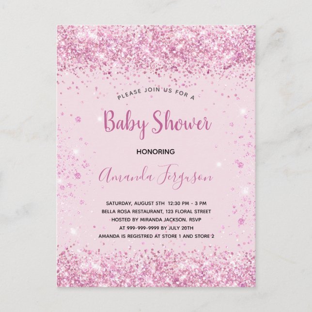 Carte Postale Faire-part Baby shower rose parties scintillant script fille (Devant)