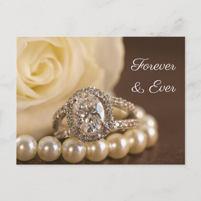 Carte Postale Faire-part Bague de fiançailles en diamant ovale Rose blanche (Devant)