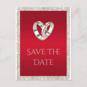 Carte Postale Faire-part Bagues de mariage élégantes, rouge rubis et mariag