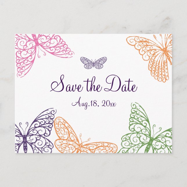 Carte Postale Faire-part Baisers de papillon violet Enregistrez la date (Devant)