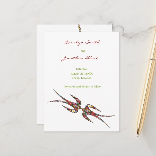 Carte Postale Faire-part Baisers d'hirondelles Fleurs printanières chic fai (Devant/Arrière en situation)