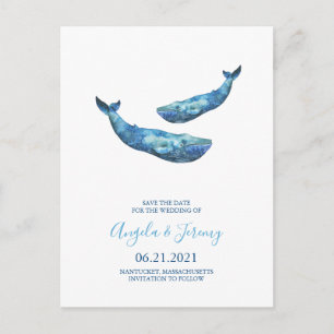 Carte Postale Faire-part Baleine bleue aquarelle Enregistrez la date