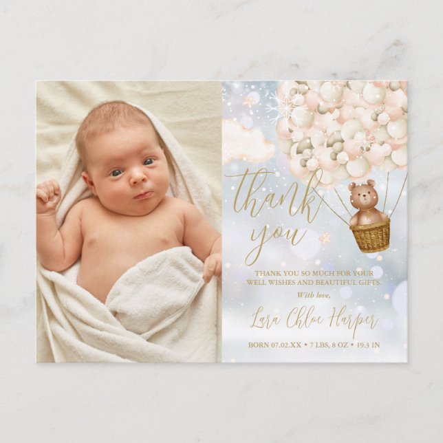 Carte Postale Faire-part Ballons d'ours Merci Hiver Photo de naissance de b (Devant)