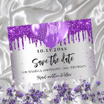 Carte Postale Faire-part Ballons violets argenté anniversaire enregistrer l<br><div class="desc">Une fille et tendance Enregistrer la date pour une fête d'anniversaire de 18e (ou tout âge). Un arrière - plan faux argenté décoré de faux parties scintillant et de ballons violets. Personnalisez et ajoutez une date et un nom/âge. Le texte : Save the Date est écrit avec un grand script...</div>