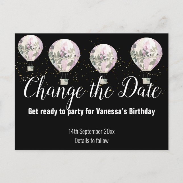 Carte Postale Faire-part Balloon à air chaud rose Changer la date Noir (Devant)