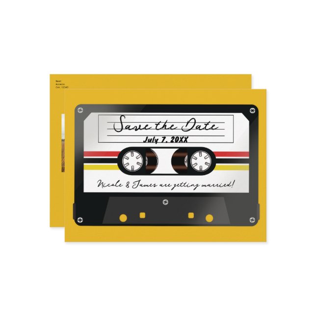 Carte Postale Faire-part Bande de cassette rétro Jaune 90's Enregistrer la  (Devant/Arrière en situation)