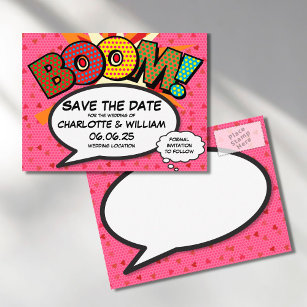 Carte Postale Faire-part Bande dessinée Pop Art BOOM Enregistrer la date