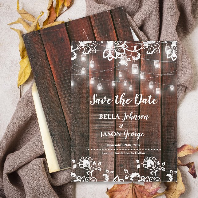 Carte Postale Faire-part Barn Lace Rustic Wood String Lights Wedding (Rustic Wood String Lights Wedding Announcement Postcard | Barn Lace Wood Marriage Announcement)