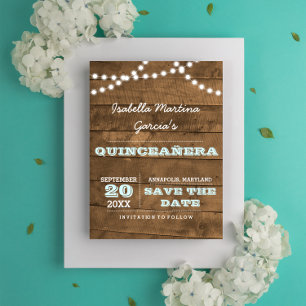 Carte Postale Faire-part Barnwood Lights Aqua Quinceañera Enregistrer la da