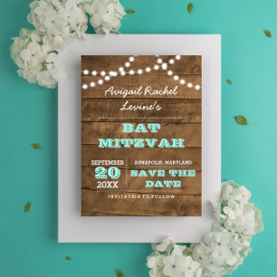 Carte Postale Faire-part Barnwood Lights B"H Bat mitzvah Turquoise Enregist