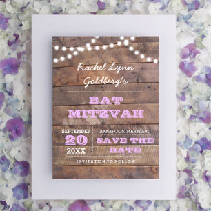 Carte Postale Faire-part Barnwood Lights Lilac Bat Mitzvah Enregistrez la d