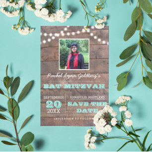 Carte Postale Faire-part Barnwood Lights Turquoise Bat mitzvah photo Date d