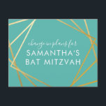 Carte Postale Faire-part Bat mitzvah Changement de plans Turquoise or moder<br><div class="desc">Carte postale turquoise moderne, tendance et élégante bleu-vert bleu et or Bat mitzvah pour annoncer une célébration ou un changement de cérémonie dans les plans d'un événement virtuel, avec une frontière carré géométrique abstraite moderne. Personnalisez facilement cette carte postale abordable "changer la date ou les plans" pour votre Bat mitzvah...</div>
