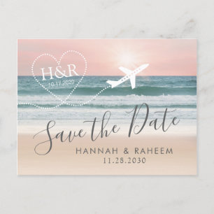 Carte Postale Faire-part Beach Wedding Sunset Heart Avion Enregistrer la da