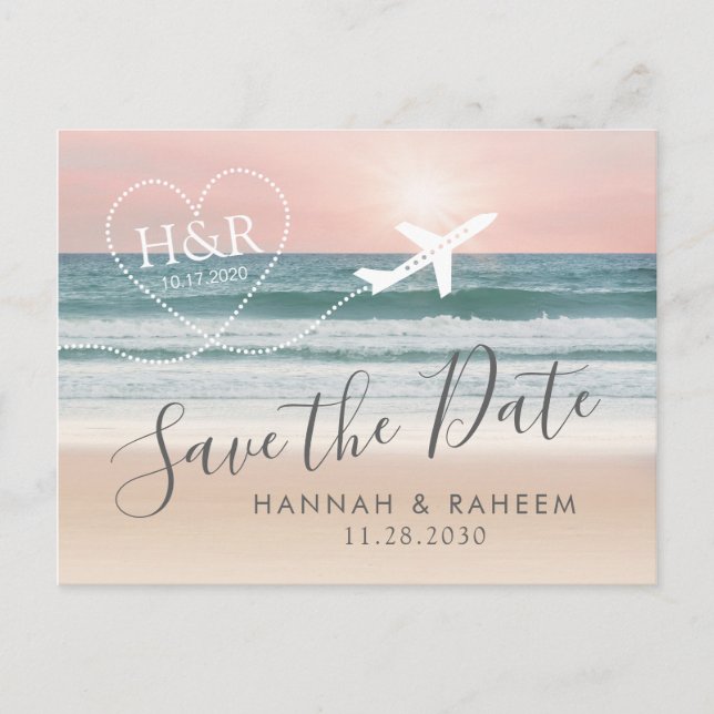 Carte Postale Faire-part Beach Wedding Sunset Heart Avion Enregistrer la da (Devant)