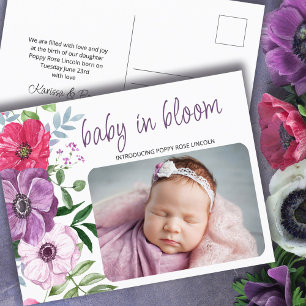 Carte Postale Faire-part Bébé en fleur violet rose en fleur Photo Naissance