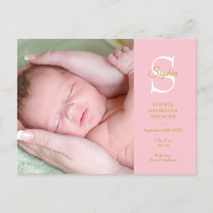 Carte Postale Faire-part Bébé GirI Monogramme Photo Birth Statistiques Merc