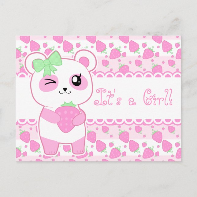 Carte Postale Faire-part Bébé mignon annonce rose Kawaii Panda ours (Devant)
