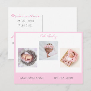 Carte Postale Faire-part Bébé Nouveau-né Photo rose Bébé Fille mignonne Nai