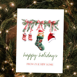 Carte Postale Faire-part Bébé ours de Noël au Père Noël rouge sur fil à lin